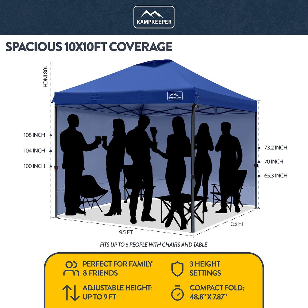 KAMPKEEPER 10x10 Pop-Up Canopy Tent, Waterproof, Portable Shade with Side Walls, Adjustable Instant Outdoor Shelter for Camping, Backyard, and Events, Navy Blue