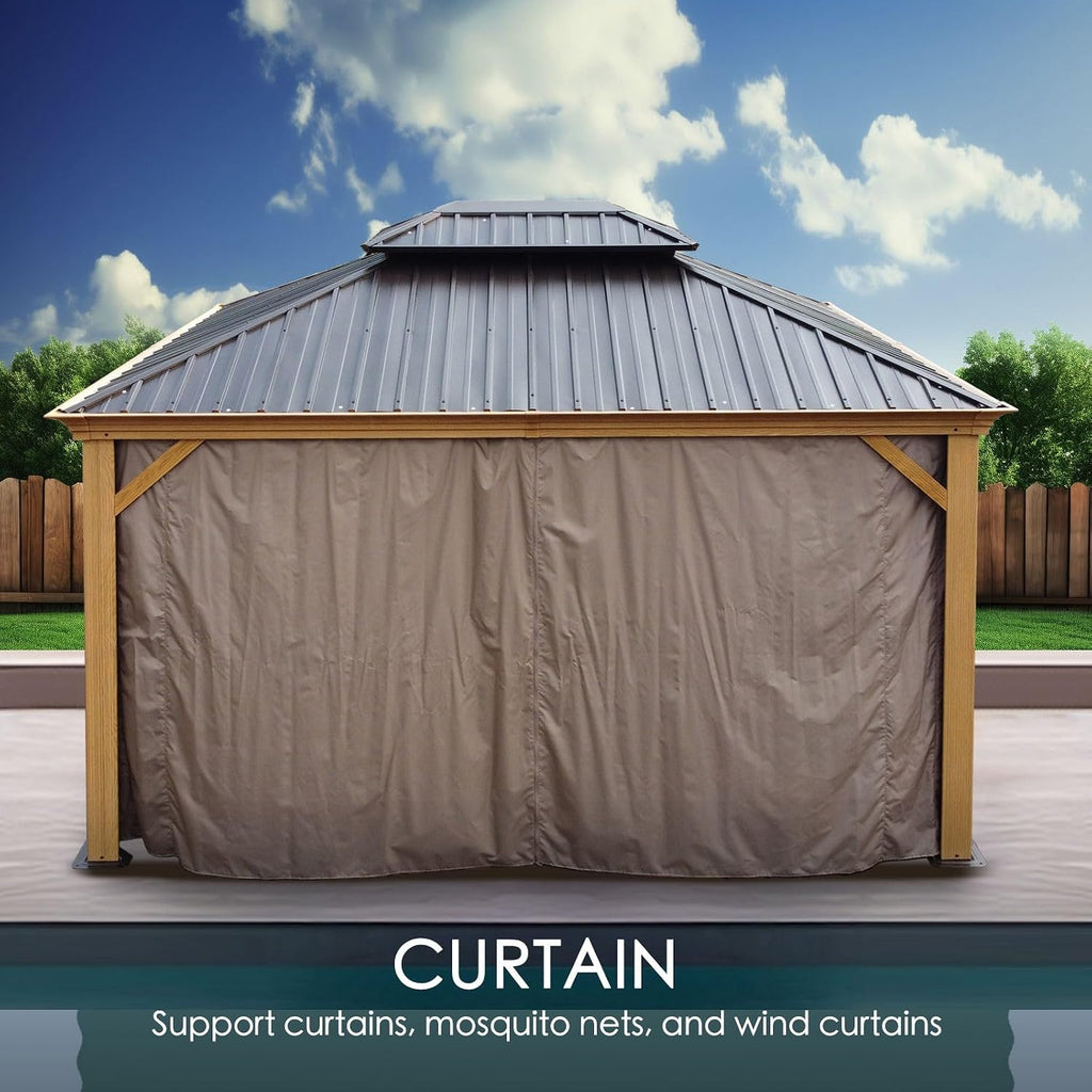 Kozyard Apollo 12'x14' Hardtop Gazebo, Wooden Coated Aluminum Frame Canopy with Galvanized Steel Double Roof, Outdoor Permanent Metal Pavilion with Netting for Patio, Deck and Lawn (12ft x 14ft)