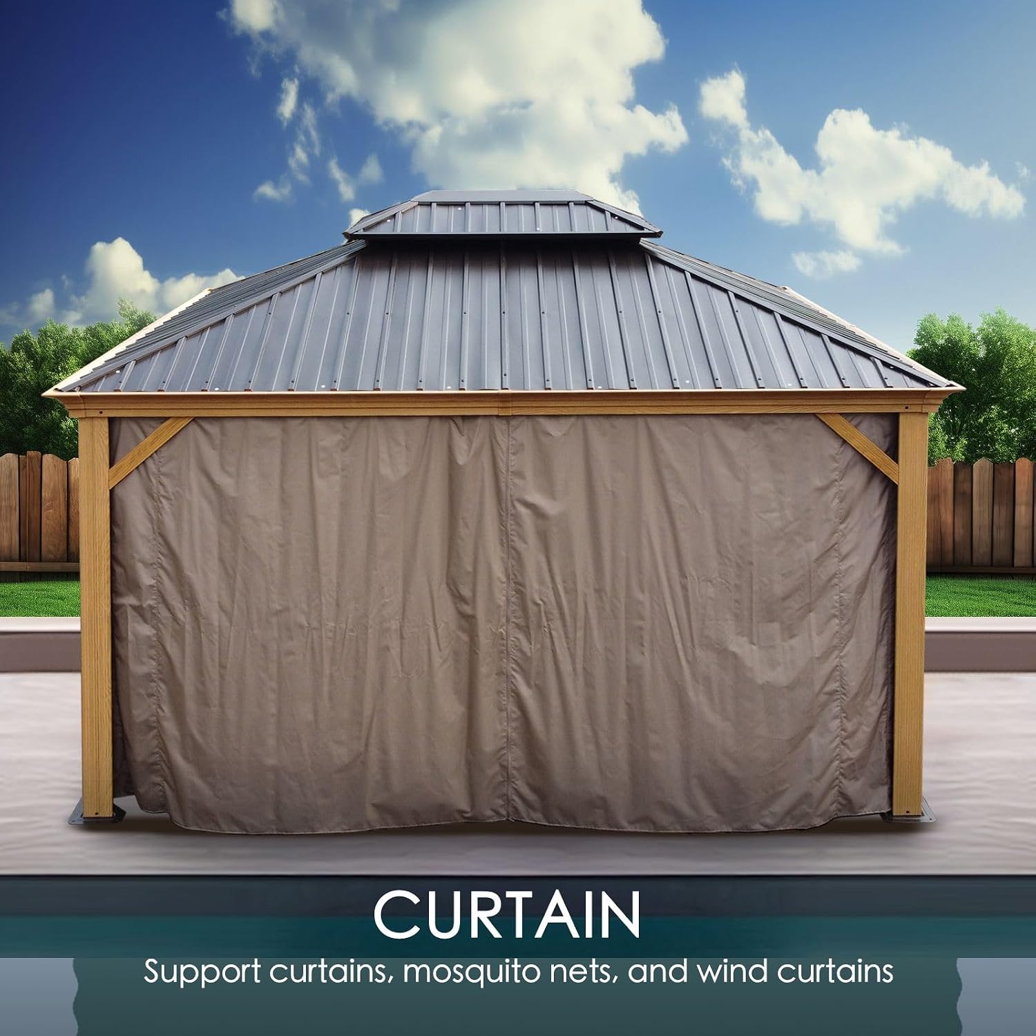 Kozyard Apollo 12'x14' Hardtop Gazebo, Wooden Coated Aluminum Frame Canopy with Galvanized Steel Double Roof, Outdoor Permanent Metal Pavilion with Netting for Patio, Deck and Lawn (12ft x 14ft)