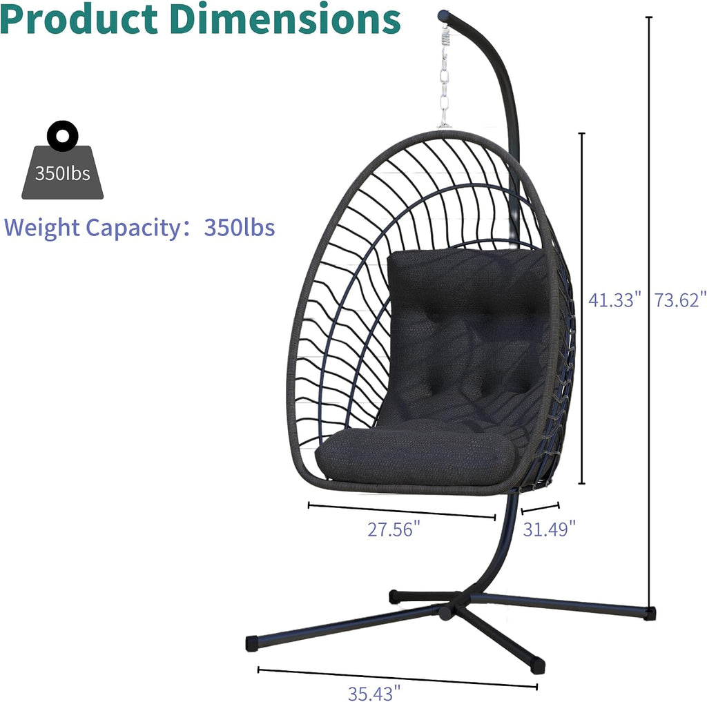 Kingdura Hanging Egg Chair with Stand Indoor Outdoor, Foldable Rattan Wicker Hammock Egg Swing Chair for Bedroom Porch Patio Garden, Thickened Cushion, 350LBS Capacity, Heavy Duty Frame