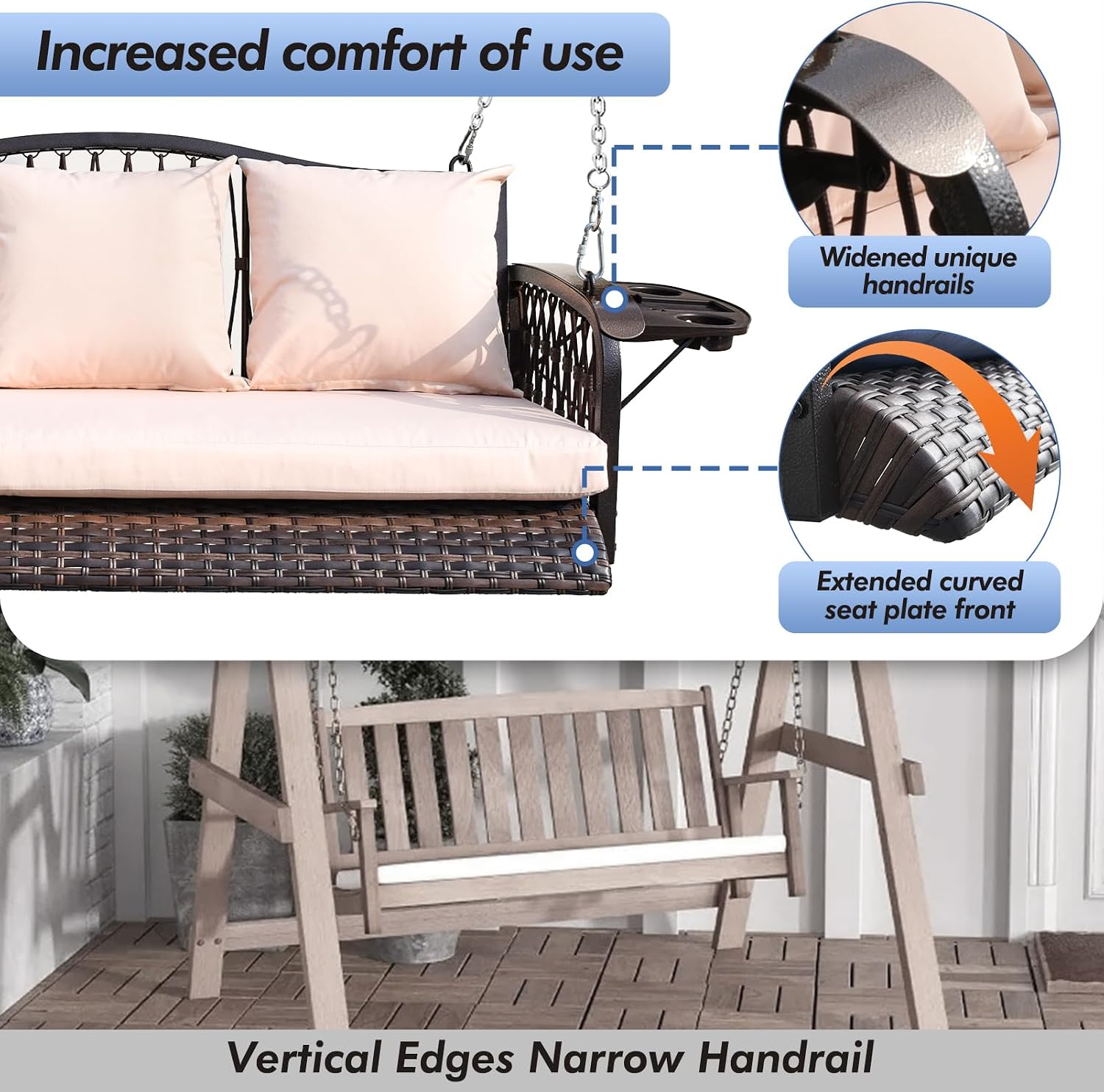 ZZW Wicker Porch Swing Heavy Duty 900 LBS 3-Seat Outdoor Patio Swing Chair with Cushions & 8.9ft Chains Outdoor Hanging Bench with Upgraded Cup Holders for Garden Deck Backyard