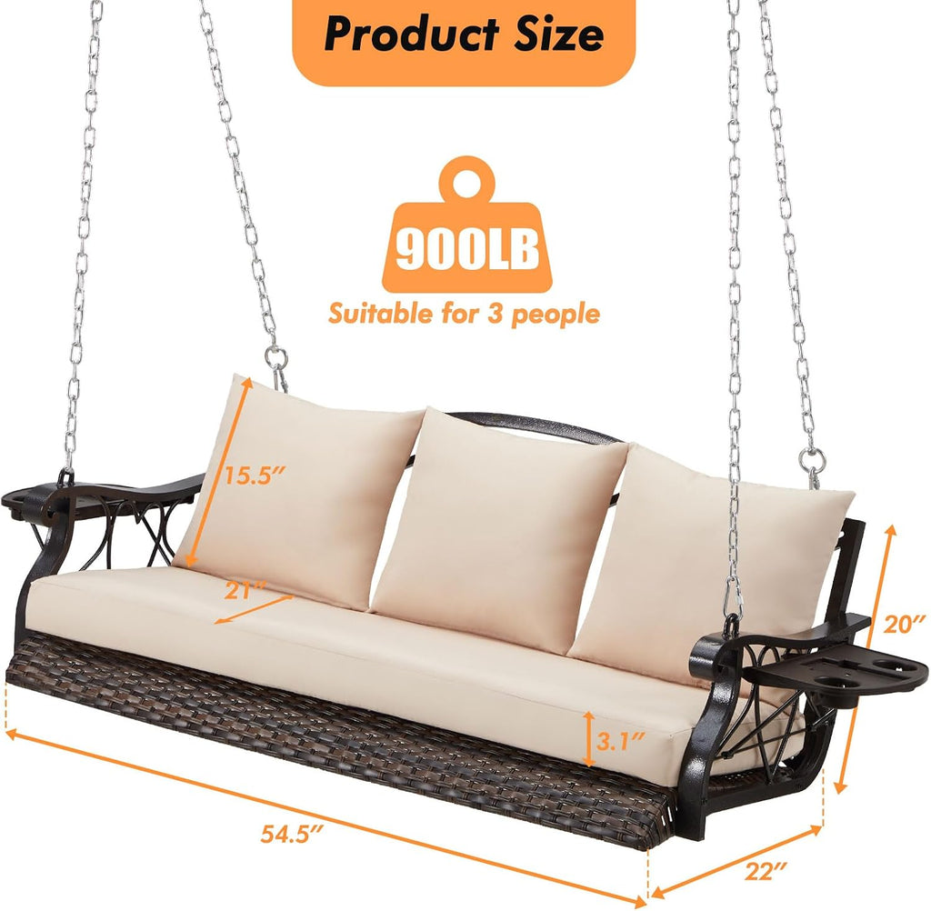 ZZW 3-Person Wicker Porch Swing Chair Heavy Duty 900 LBS Outdoor Rattan Patio Swing Chair w/Cup-Holder & Steel Chains Hanging Bench Porch Swing Cushions for Deck & Backyard & Garden