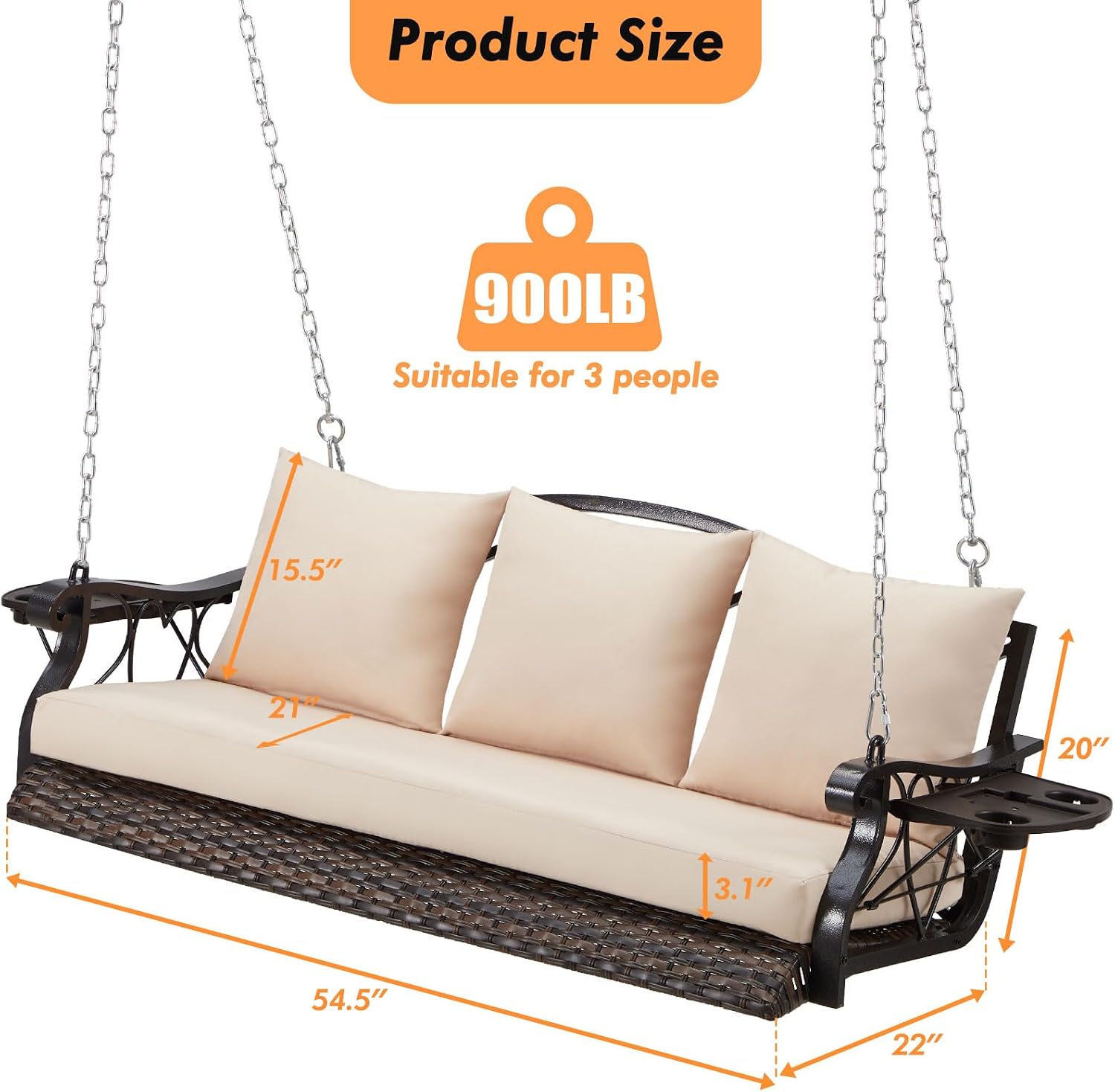 ZZW 3-Person Wicker Porch Swing Chair Heavy Duty 900 LBS Outdoor Rattan Patio Swing Chair w/Cup-Holder & Steel Chains Hanging Bench Porch Swing Cushions for Deck & Backyard & Garden