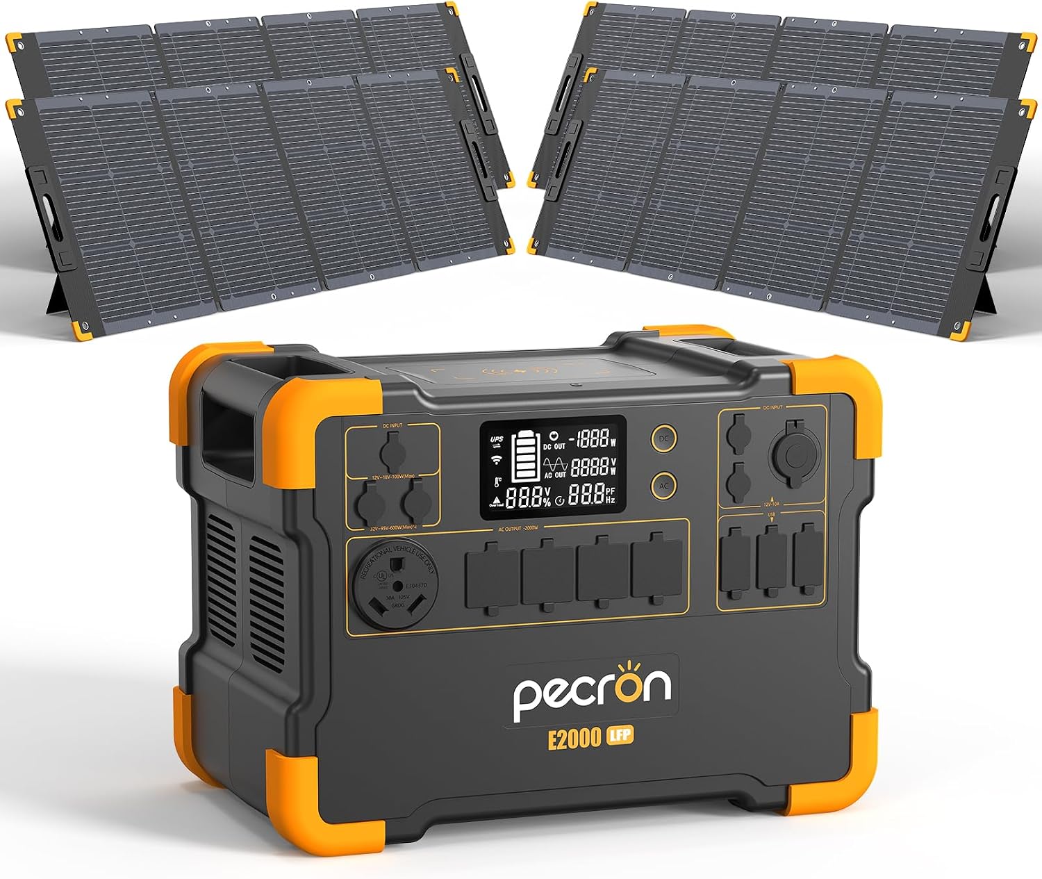 PECRON Solar Generator with 4x200W Solar Panels, 1920Wh LiFePO4 Battery, 2000W AC/100W USB-C Output Portable Power Station, Fast Charging Power Station with 30AMP RV Outlet for Camping, Home