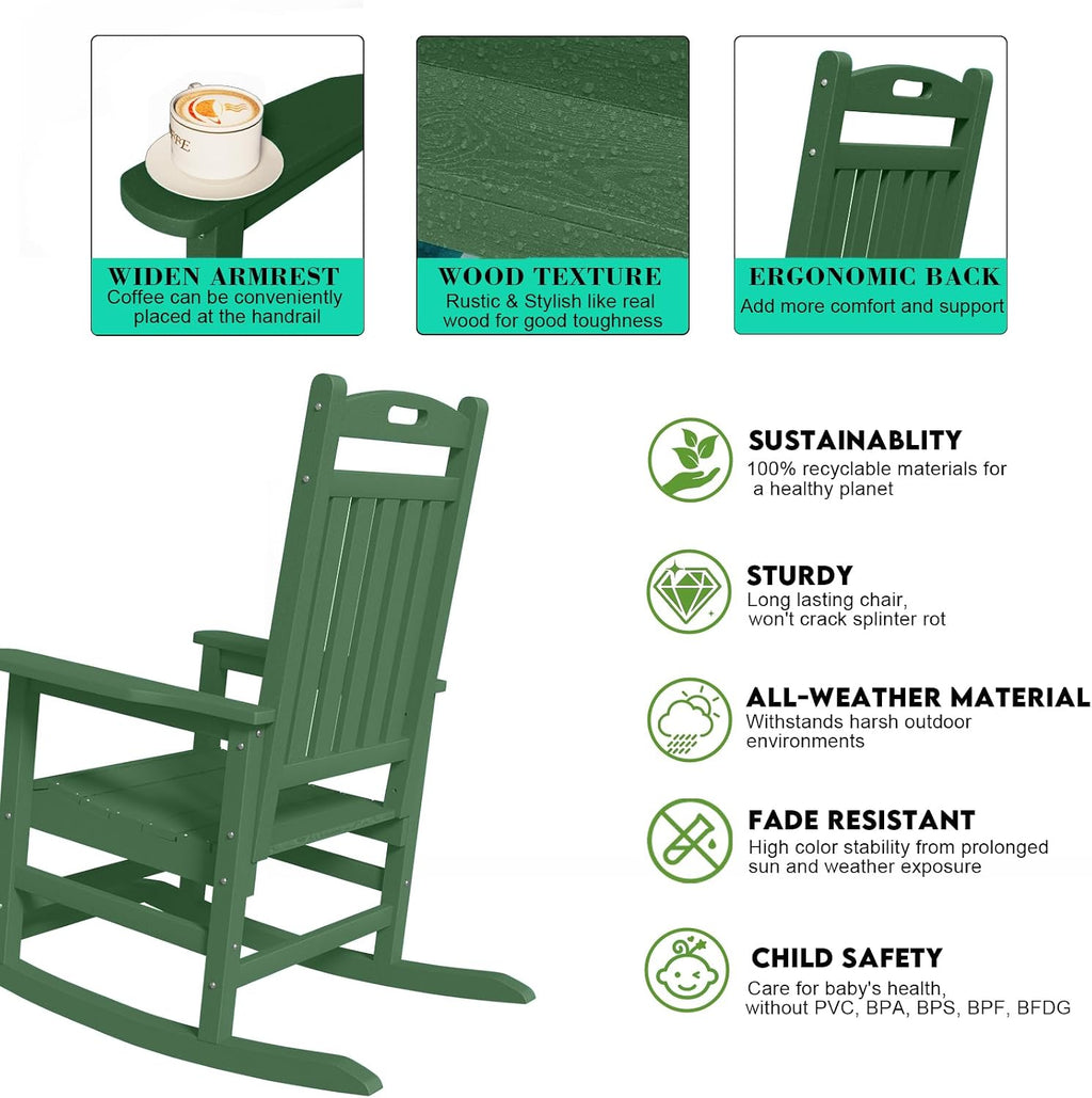 PLUUV Outdoor Rocking Chairs Set of 2, HDPE Patio Rocking Chair with Footboard, All Weather Porch Rockers Outdoor for Adult, Effortless Installation, Dark Green