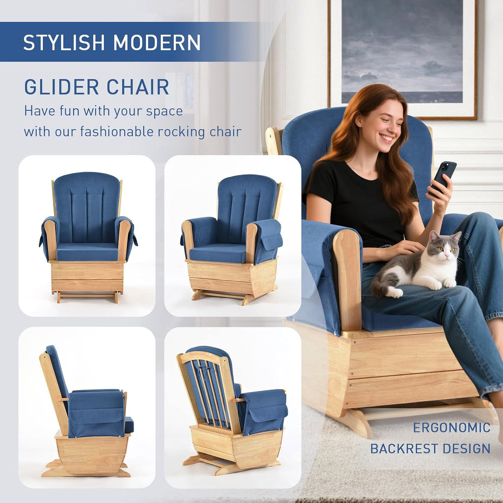 Wood Base Glider Rocker Chair, Baby Feeding and Rocking Chair Nursery Rocking Chairs with Silent Swing Solid Hardwood Base for Nursery, Living Room, Bedroom, Classroom(Blue)