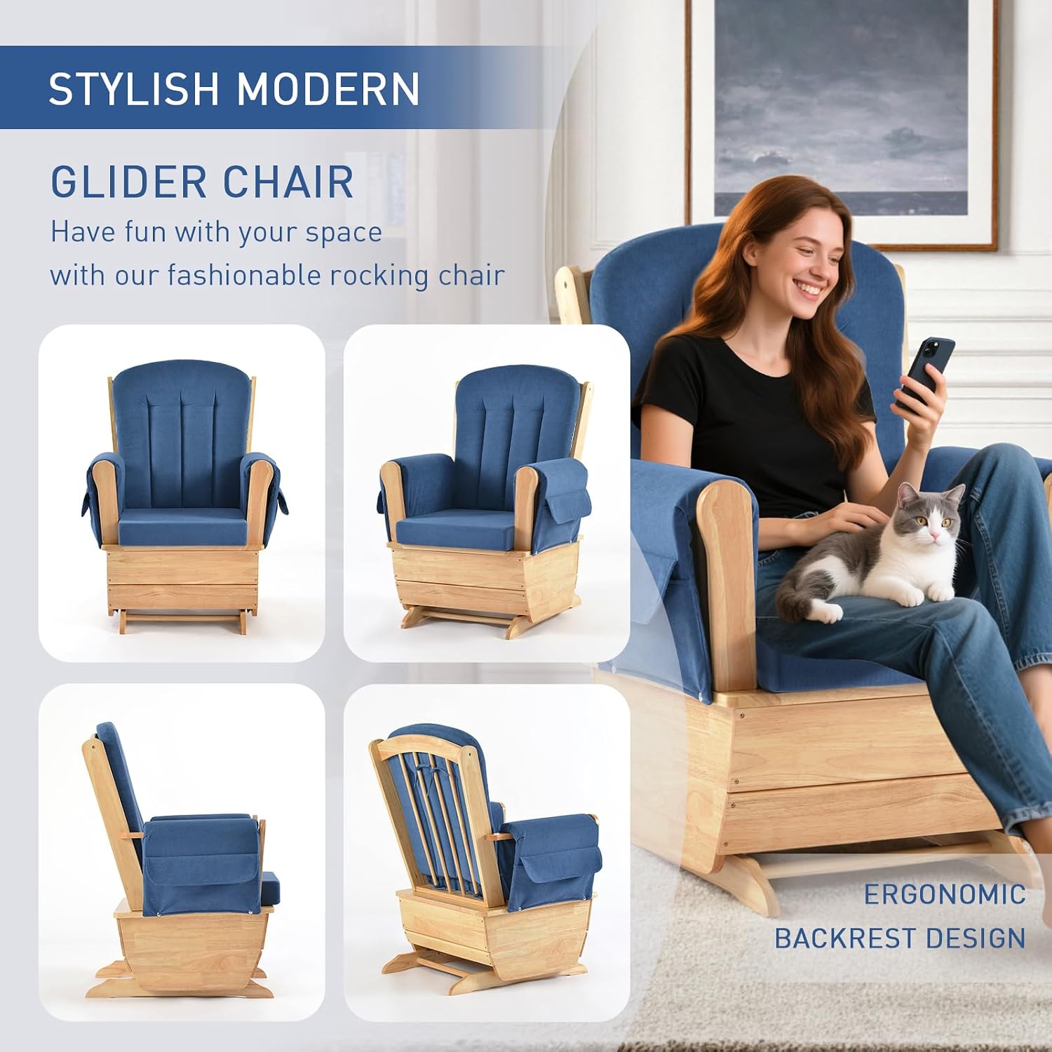 Stylish Modern Glider Rocker,Solid Wood Glider Gentle Rocking Chair with Padded Cushion, Water Oil Resistant Fabric, Applicable to Read,Watch,Sleep, Blue