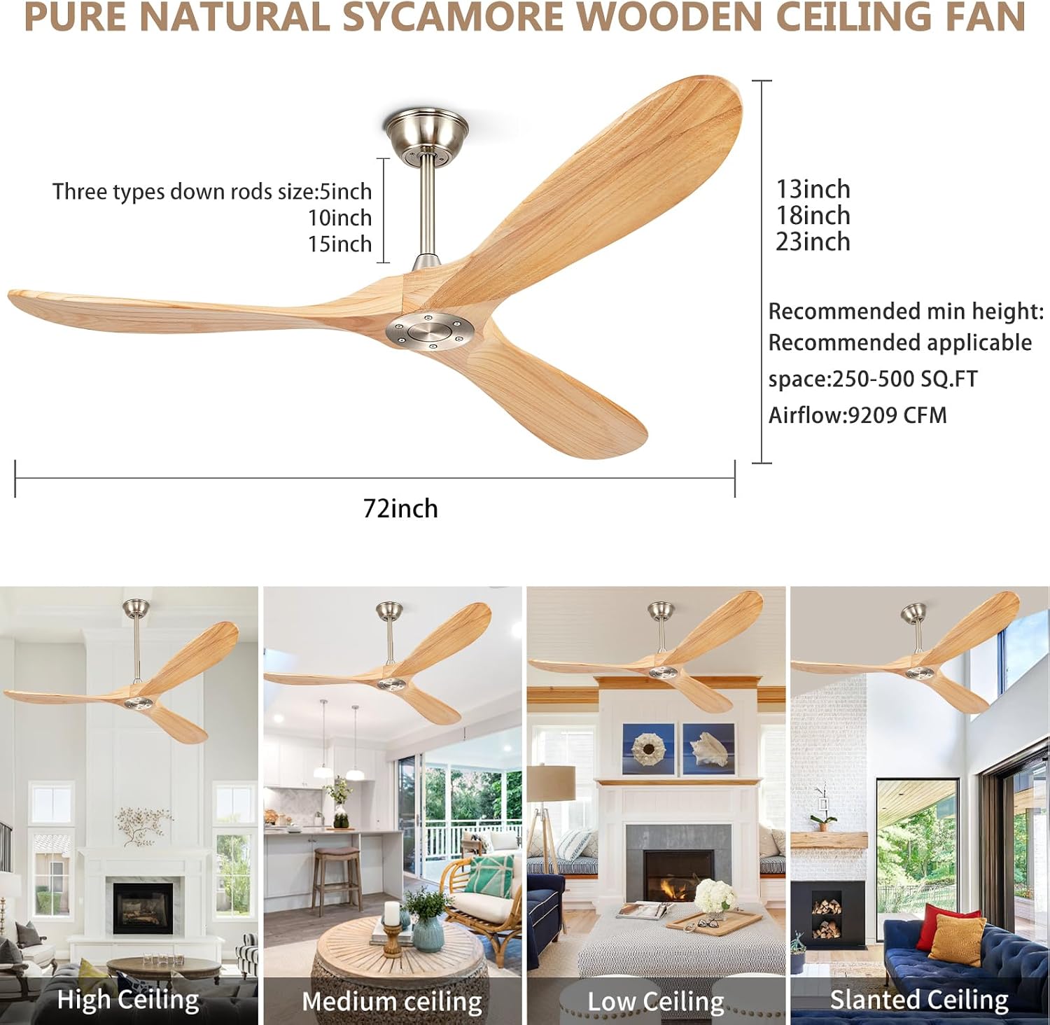 72' Ceiling Fans Without Lights, Wood Ceiling Fan with Remote Control No Light, Modern Propeller Ceiling Fan with 3 Blades,Brushed Nickel Outdoor Ceiling Fans for Patios (Nature Wood)
