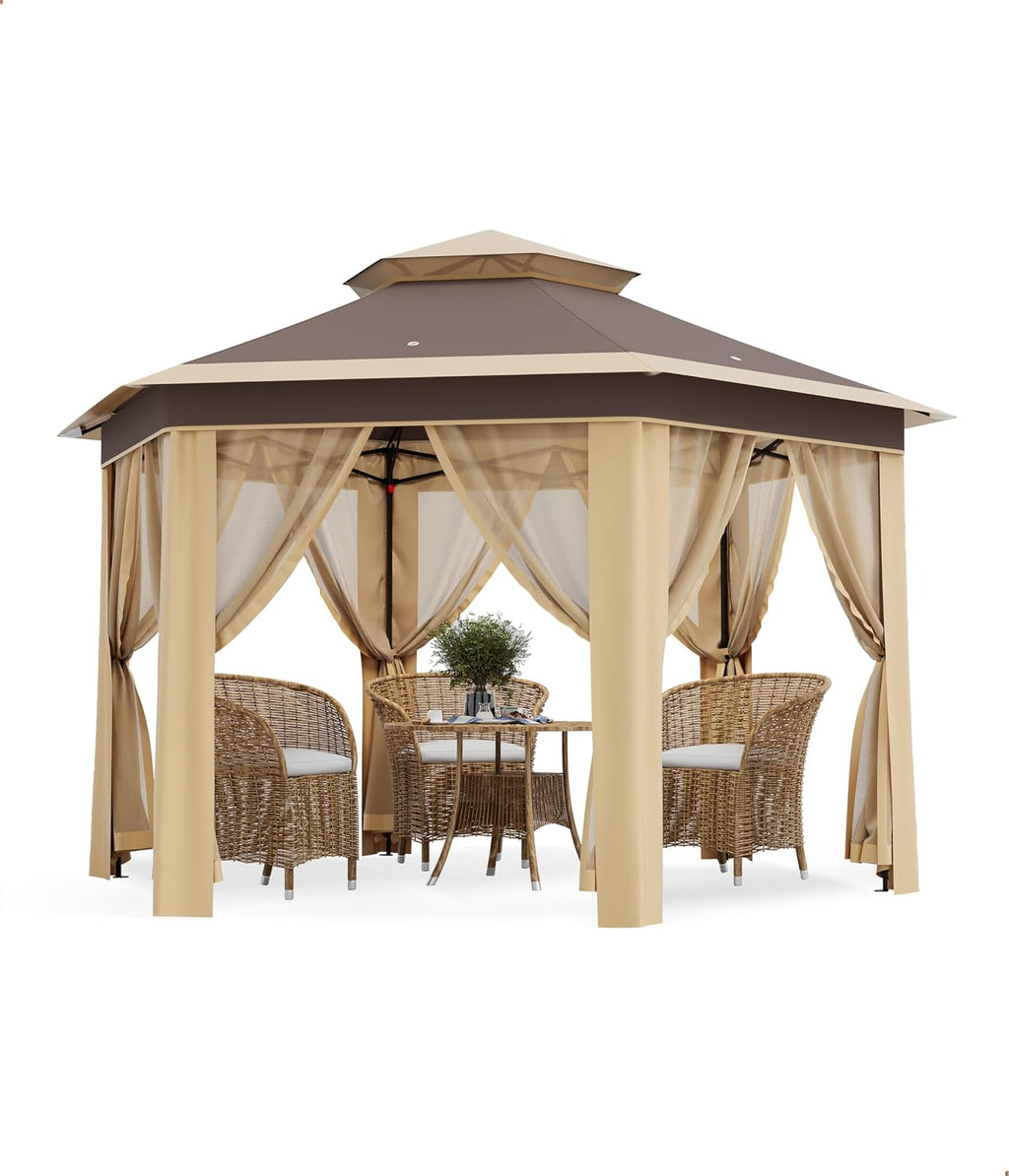 Hipicute 13 x 13 Ft Pop Up Hexagonal Gazebo, Outdoor Canopy Shelter, Pop up Gazebos Tent with Netting and Strong Steel Frame for Patio Lawn Backyard and Deck - Khaki