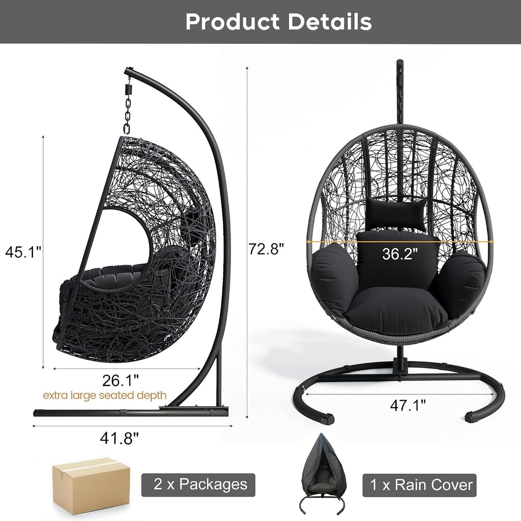 Hanging Egg Chair with Stand, Outdoor Swing Egg Chair with Rain Cover, 400 LBS Capacity All-Weather PE Wicker Swing Chair with Waterproof Cushions