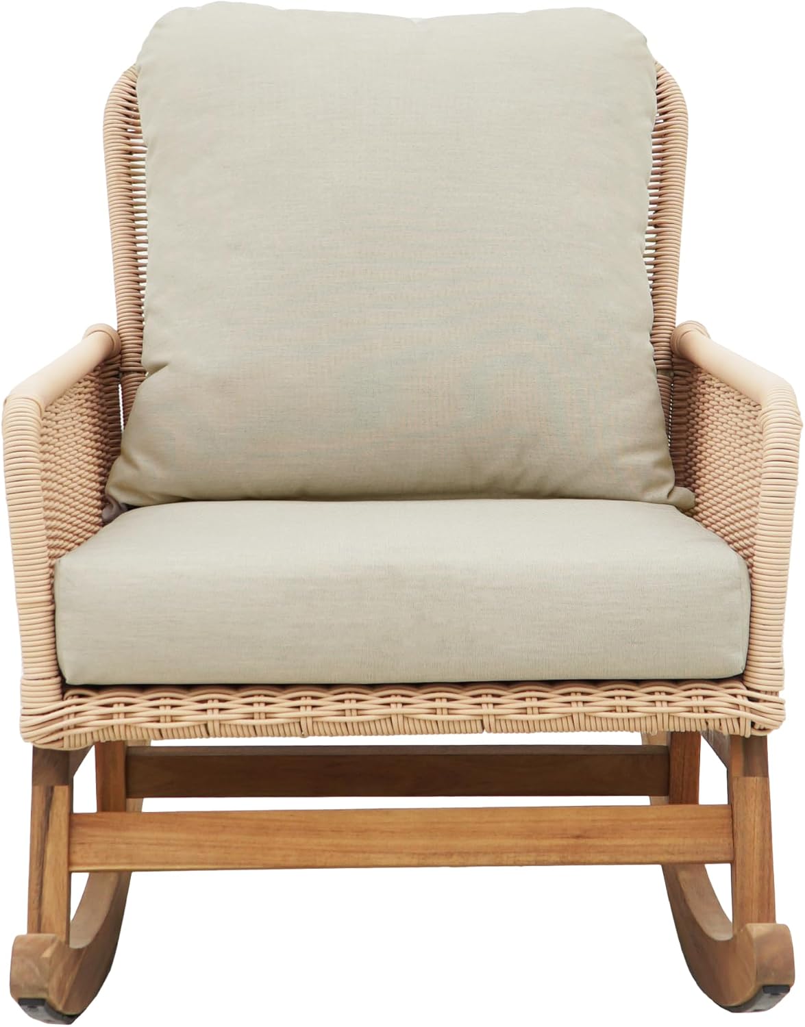 Christopher Knight Home Nadine Patio Rocking Chair, Wicker Rocker, Wood Leg Rocking Chair, PE Rattan Wicker Chair, Rocking Chair with Cushions, Comfort Wicker Rocker for Backyard Balcony Porch, Beige
