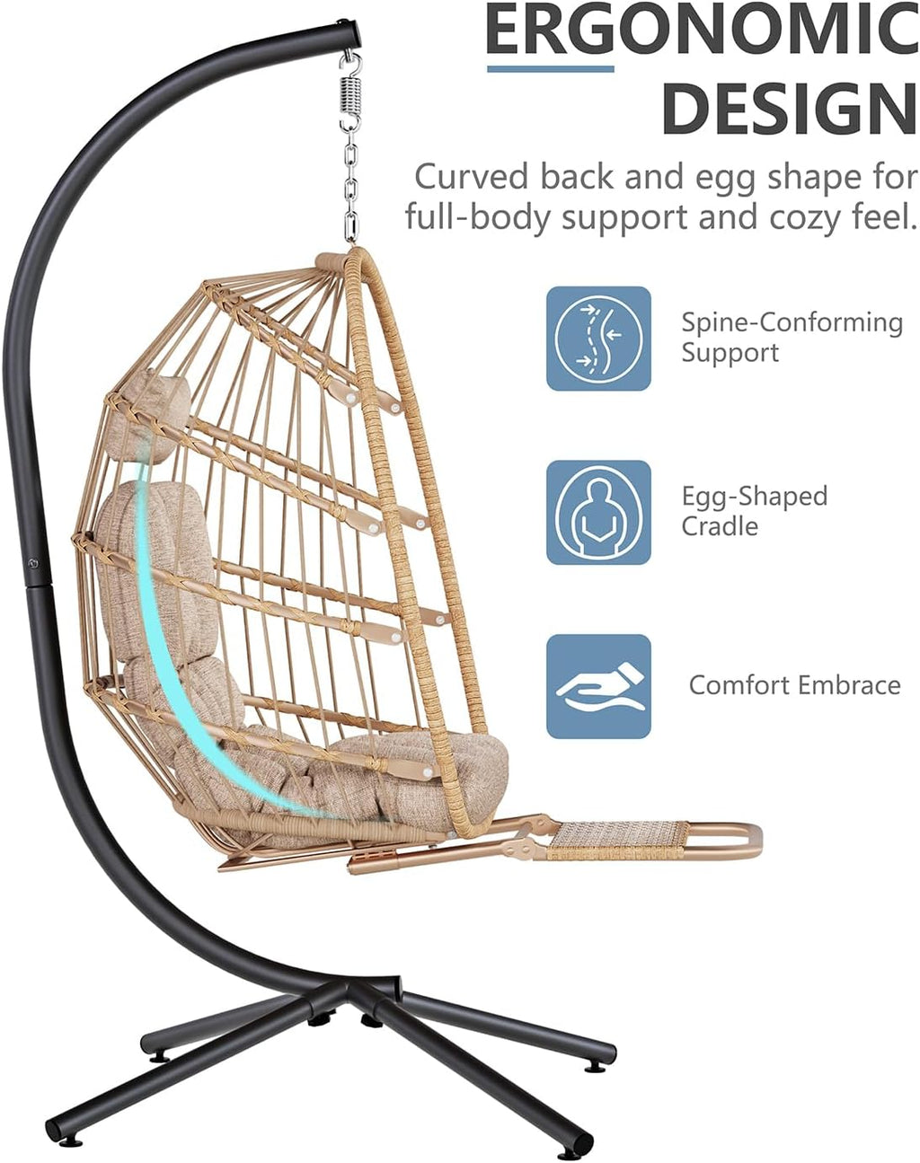 SWITTE Egg Chair Outdoor with Footrest & Stand, Indoor Wicker Hanging Egg Swing Hammock Chair with Cushion for Patio, Bedroom, Garden - Natural
