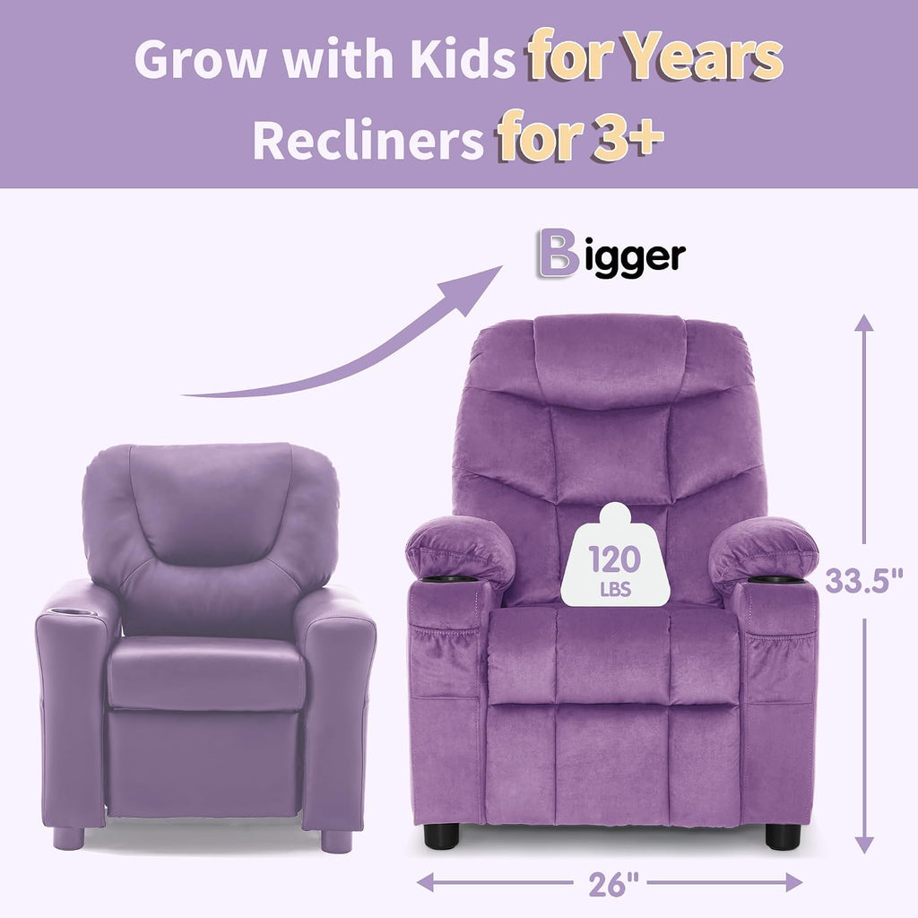 MCombo Big Kids Recliner for Ages 3+, Child Reclining Chair, Toddlers Recliner Sofa with Cup Holders (Velvet, Violet)