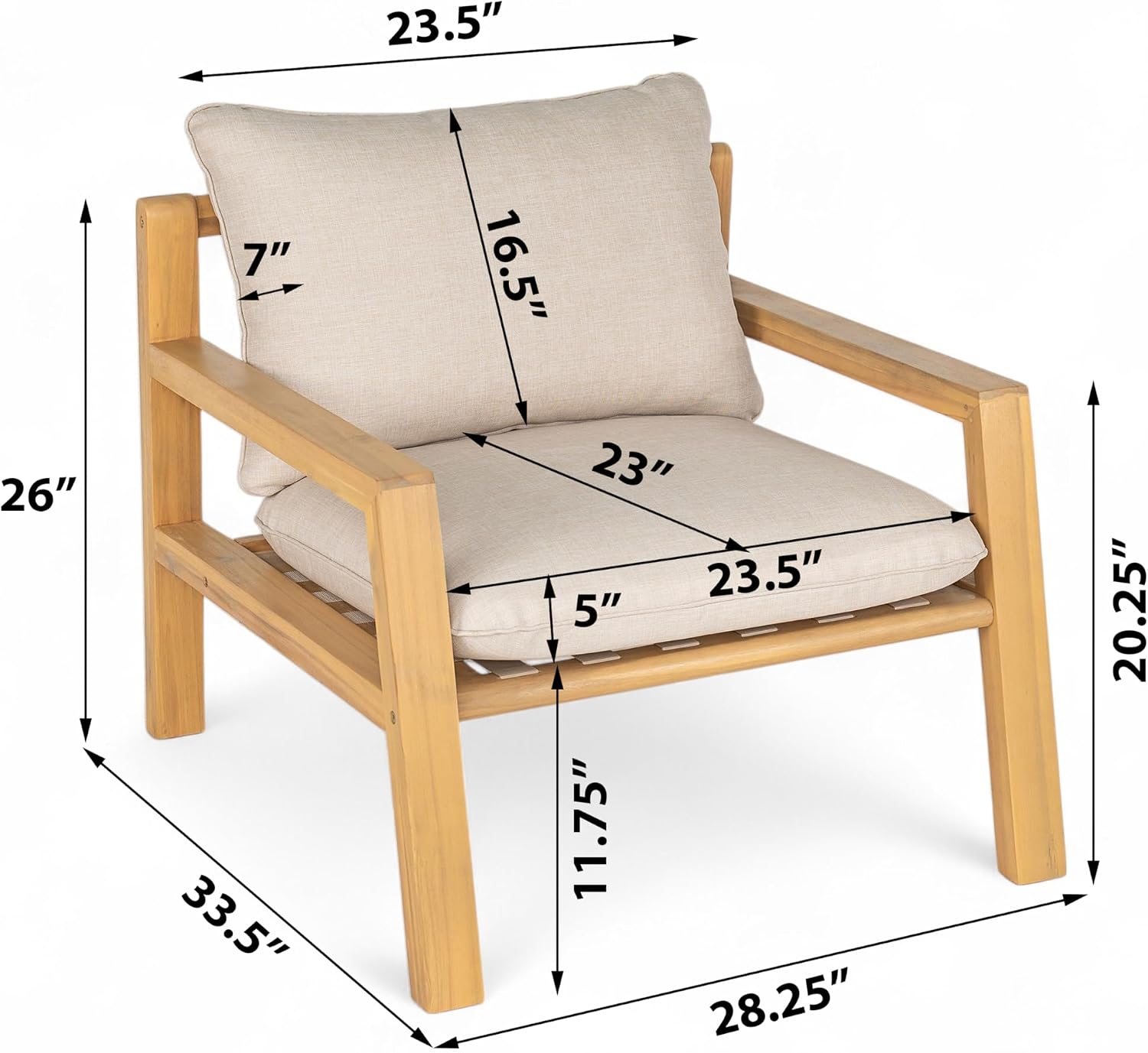 Outdoor Acacia Wood Armchair Patio Furniture Club Chair, Deep Seating with Soft Cushions for Porch, Garden, Backyard