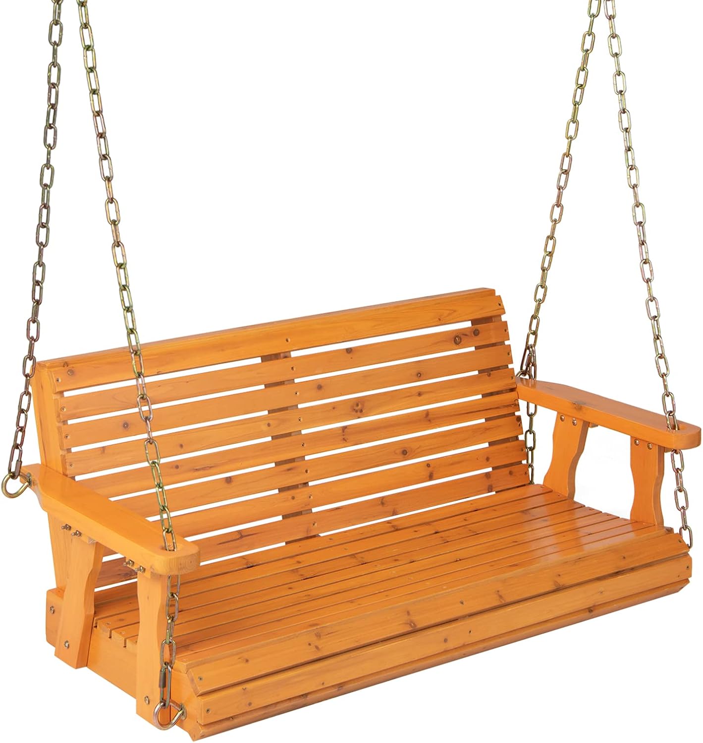 Giantex Wooden Porch Swing 2 Seat - Outdoor Swinging Chairs with Hanging Chains, 600 lbs Weight Capacity, 4 FT Finished Fir Wood Bench Swing for Patio, Outside, Garden, Lawn, Backyard (Orange)