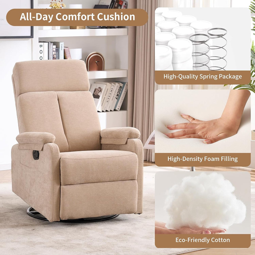 Recliner Chairs, 360° Swivel Rocker Recliner Chair for Adults, Glider Rocking Chair, Small Nursery Recliner for Living Room,RV, Reclining with Modern-Designed Armrests, Fabric Beige