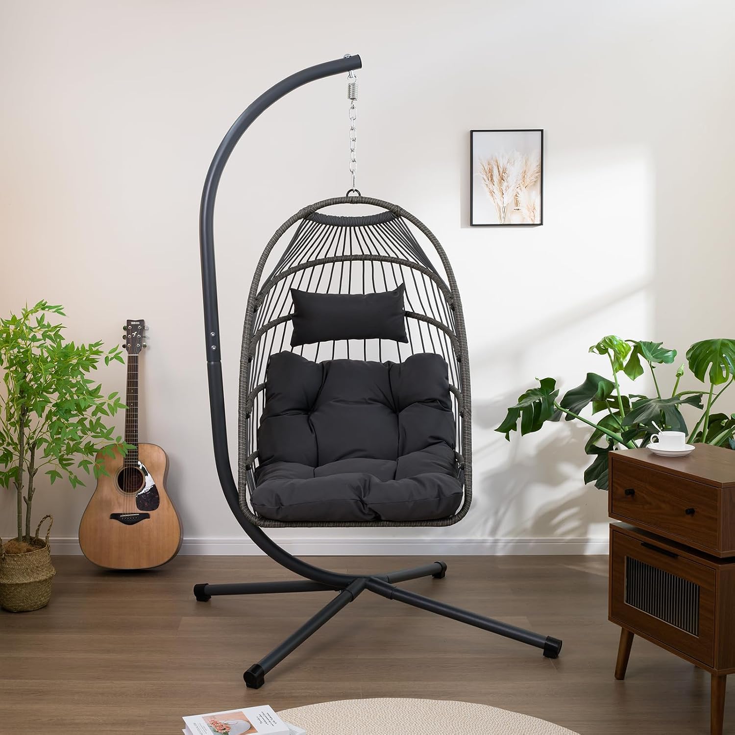 Egg Chair with Stand Outdoor Foldable Patio Wicker Hanging Swing Chairs for Bedroom Balcony with Cushions 350Lbs Indoor Lounge Basket All Weather Hammock Swinging Chair