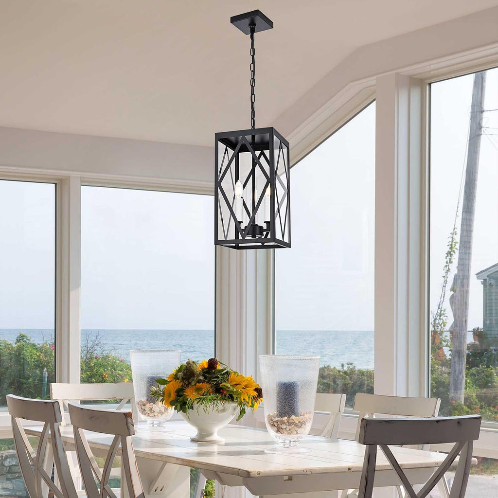 3 Light Outdoor Pendant Lights for Porch, 15.7'' Waterproof Exterior Hanging Porch Lights Ceiling Mount Outdoor Chandelier with Clear Glass for Front Porch Gazebo Patio, White Socket