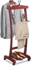 Wooden Suit Valet Stand, with Wheels mobile Floor Standing Suit Coat Stand With Contour Hanger Trouser Bar And Top Storage Tray, Freestanding Valet Stand for Men Women Office Living Room Wine red