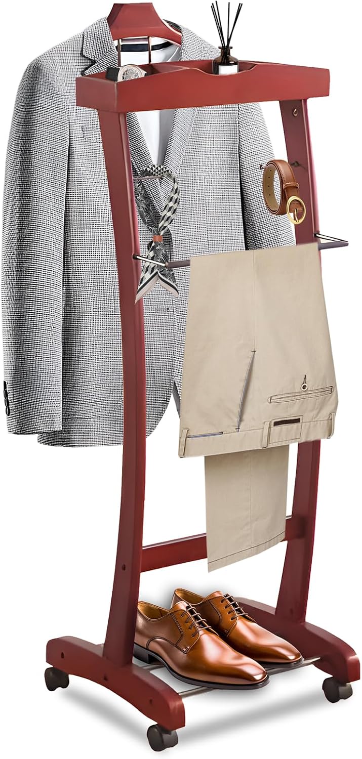 Wooden Suit Valet Stand, with Wheels mobile Floor Standing Suit Coat Stand With Contour Hanger Trouser Bar And Top Storage Tray, Freestanding Valet Stand for Men Women Office Living Room Wine red