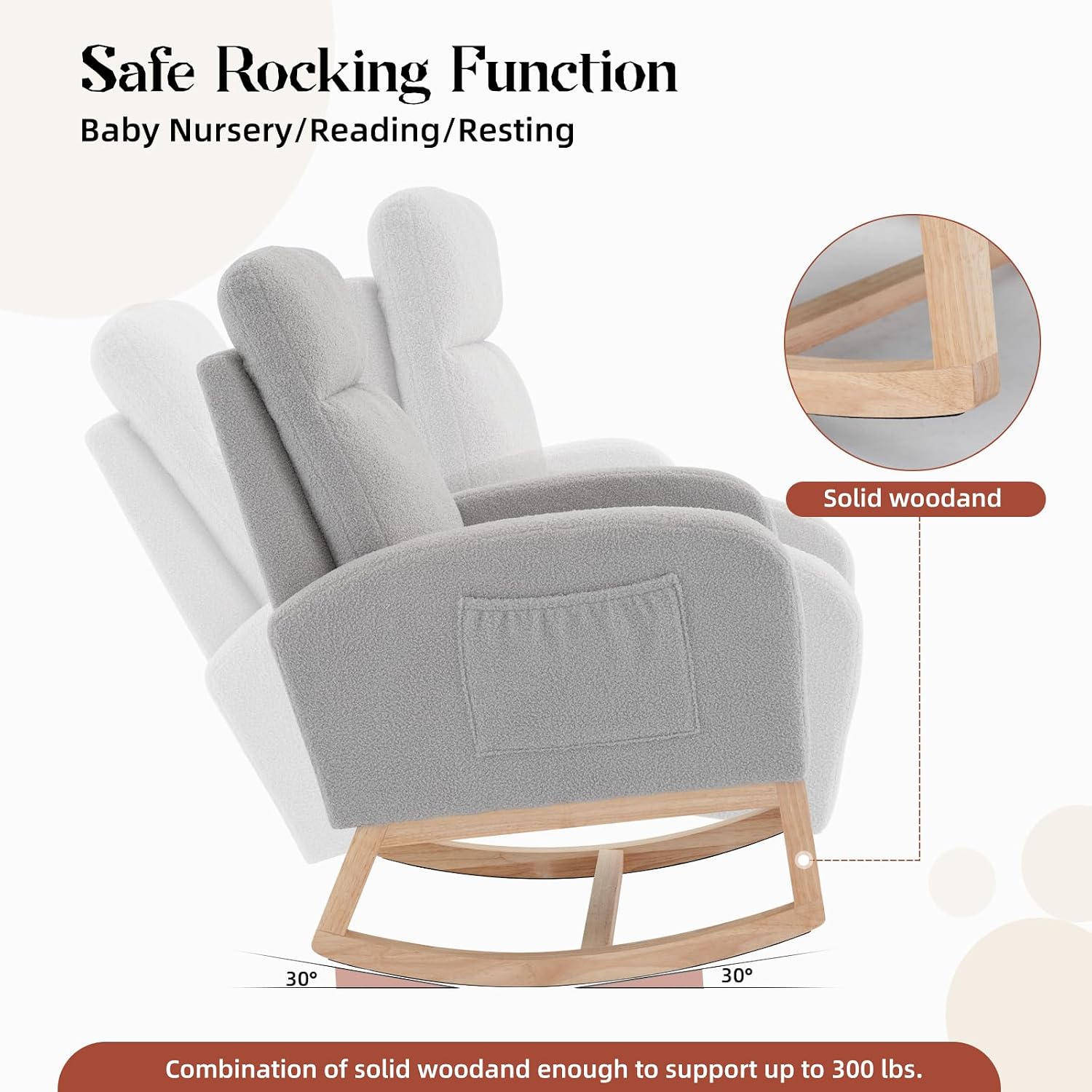 GarveeHome Rocking Chair Nursery,Glider Chair Nursery Chair with High Back and Side Pocket, Rocking Accent Armchair with Rubber Wood Legs for Living Room/Bedroom/Nursery