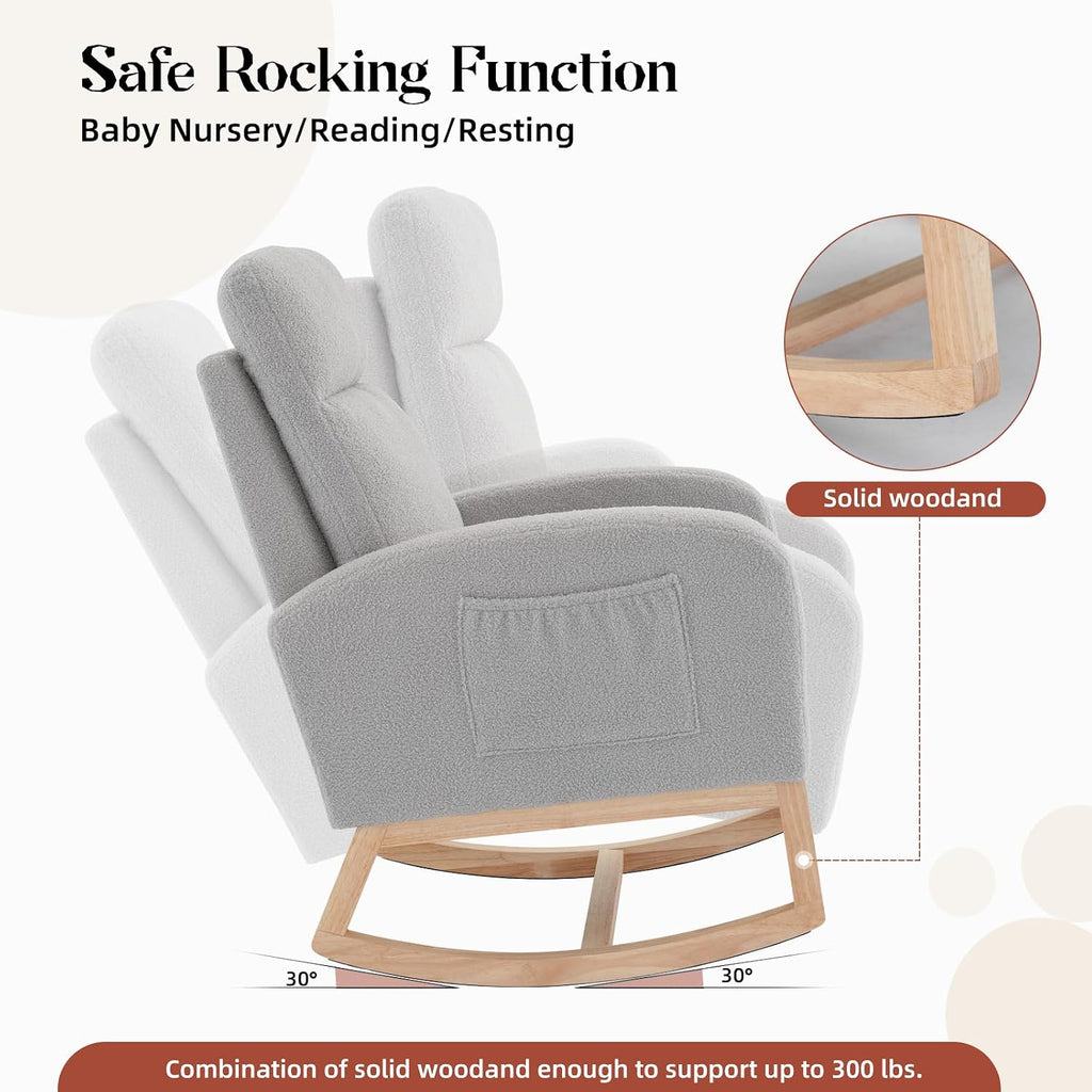 Upholstered Rocking Chair, Glider Chair Nursery Chair with High Back and Side Pocket, Rocking Accent Armchair with Rubber Wood Legs for Living Room/Bedroom/Nursery