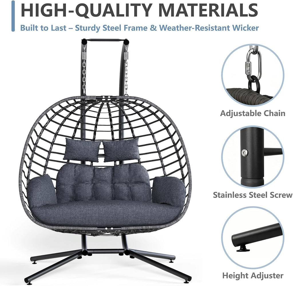 SWITTE Double Egg Swing Chair with Stand, Outdoor Patio 2 Person Hanging Wicker Hammock Chairs with Cushion for Indoor Bedroom, Lawn, Garden-Dark Grey