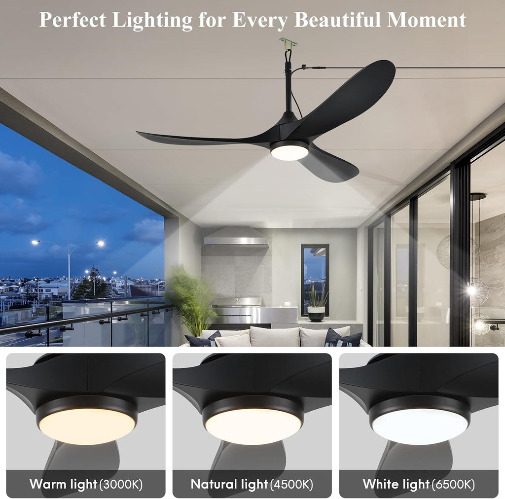 52 inch Outdoor Ceiling Fan with Light Waterproof - Plug in Hanging Hook for Patio, Porch, Gazebo - Wet Rated Weatherproof Exterior Black 3 Blades Ceiling Fan with Remote