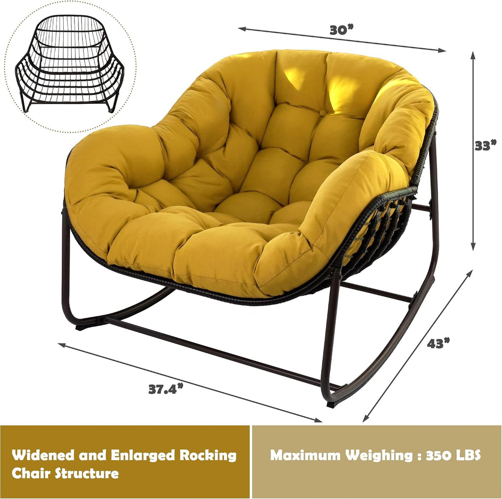 Papasan Rocking Chair, Oversized Egg Rocker for Indoor & Outdoor Use, All-Weather Wicker Patio Chair with Cushion & Pillow, Papasan Rocking Egg Chair for Bedroom, Garden, Yellow