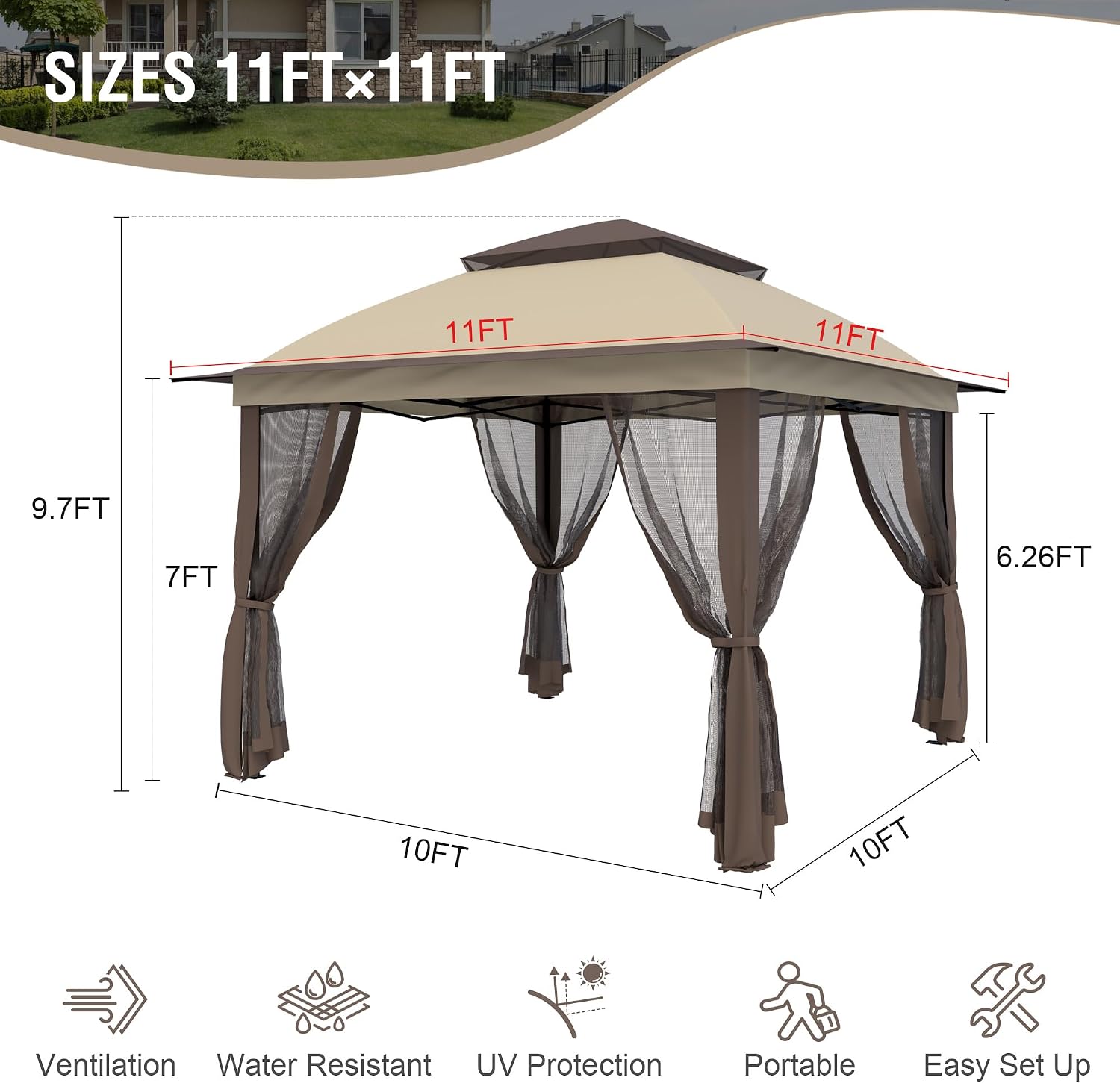 Pop Up Gazebo 11x11, Outdoor Instant Canopy Shelter Tent with Mosquito Netting Metal Frame Storage Bag for Patio Garden Backyard.(Beige)