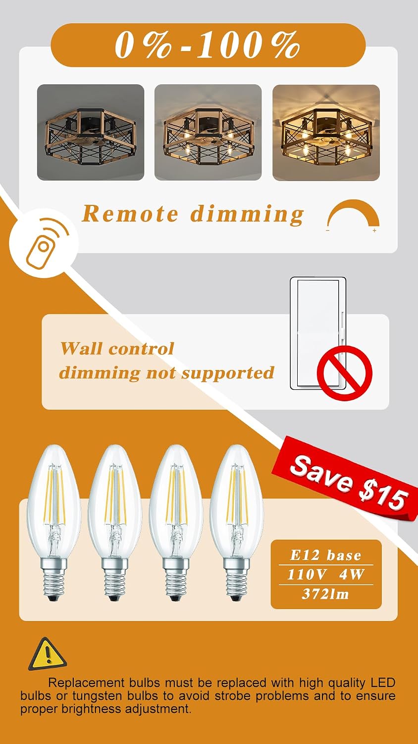 21'' Flush-Mount Ceiling Fan with Dimmable-Light and Memory Remote, Reversible-Motor, Perfect for Bedroom, Living room, Kitchen, Outdoor Gazebo, Patio, Low-Profile Design Farmhouse Cage, White Oak