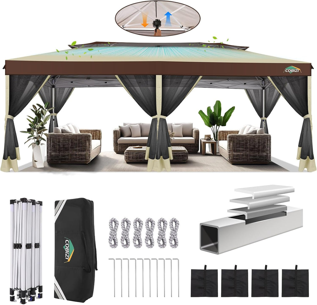 COBIZI 10x20 Pop up Gazebo, One-Push Setup Canopy Tent with Mosquito Netting & Vented Roof Design, Upgrade Metal Easy up Canopy Carpa Outdoor Gazebos for Backyard Camping Deck Party(Khaki & Brown)