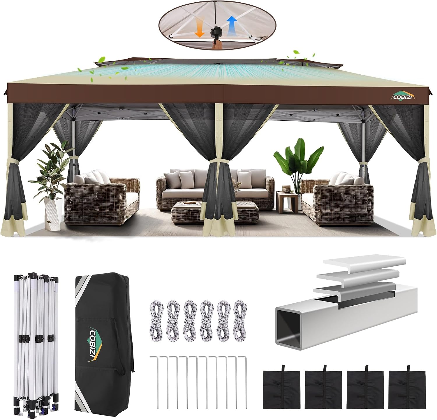COBIZI 10x20 Pop up Gazebo, One-Push Setup Canopy Tent with Mosquito Netting & Vented Roof Design, Upgrade Metal Easy up Canopy Carpa Outdoor Gazebos for Backyard Camping Deck Party(Khaki & Brown)