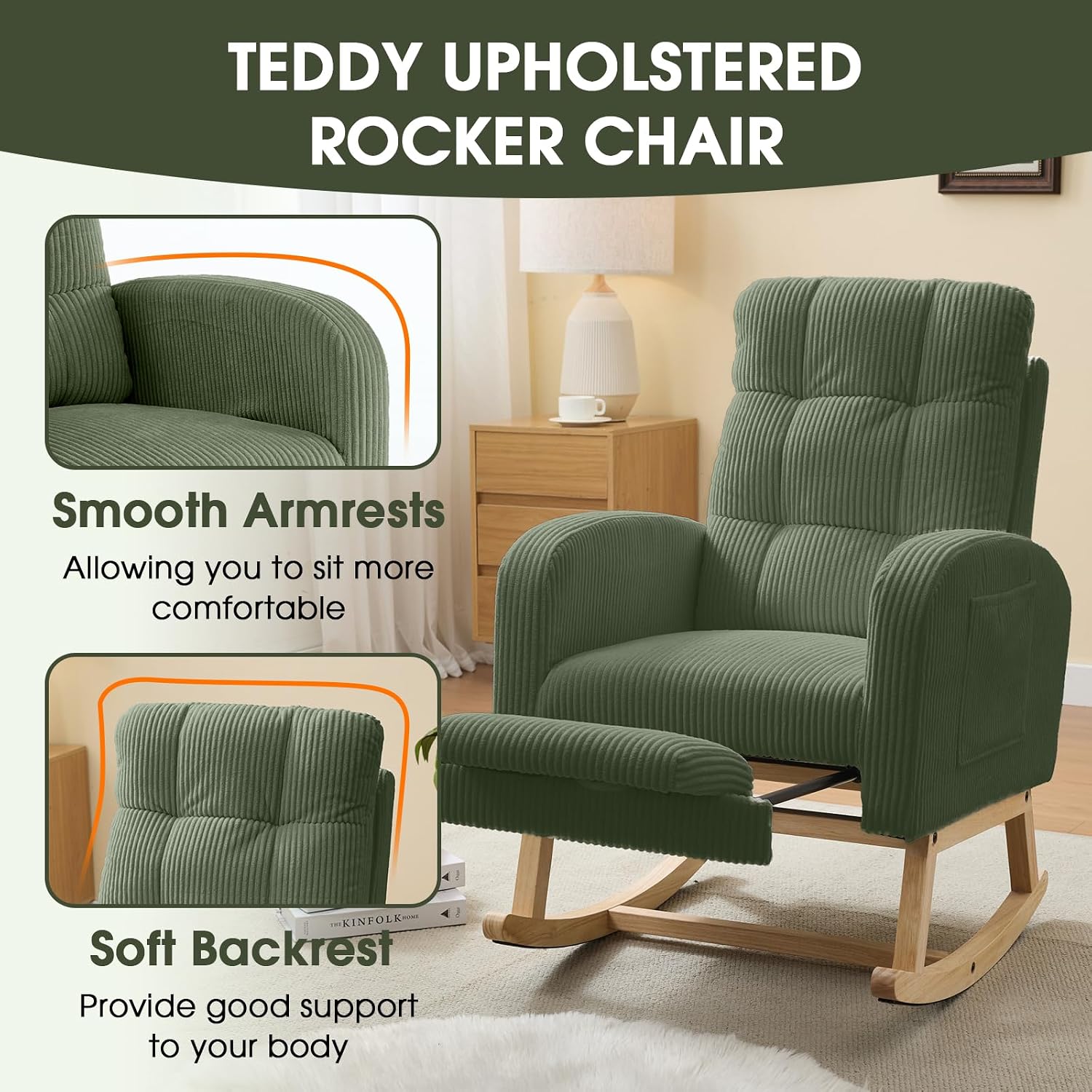 NIOIIKIT Nursery Rocking Chair, Corduroy Upholstered Rocking Chair with Adjustable Footrest, Tufted Rocker Chair with Side Pocket, Glider Rocker for Living Room, Bedroom (Green Retro)