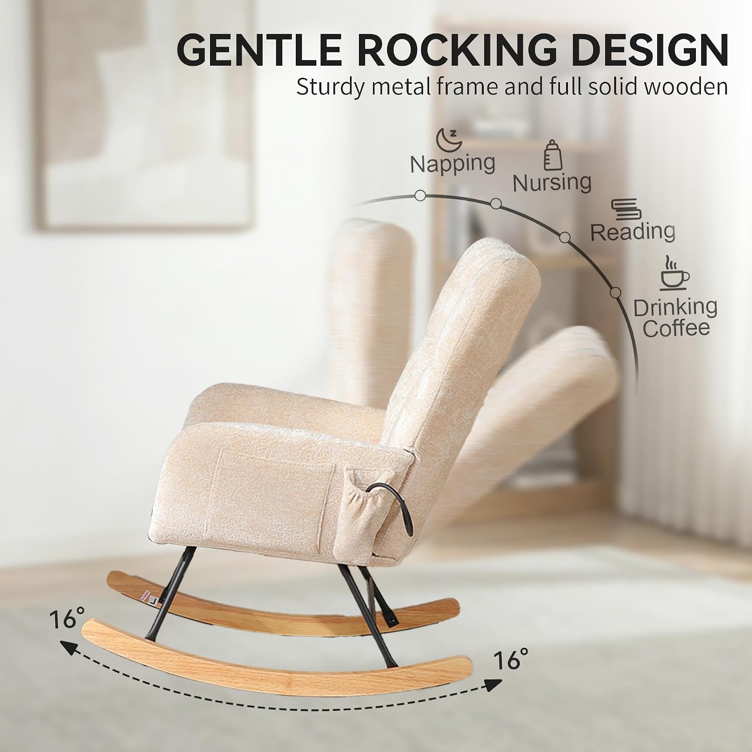 Rocking Chair with Airbag, Comfy Modern Reading & Nursing Nursery Rocking Chair Indoor, Cozy Upholstered Glider Rocker Chairs for Living Room Bedroom Offices, (Chenille, Beige)