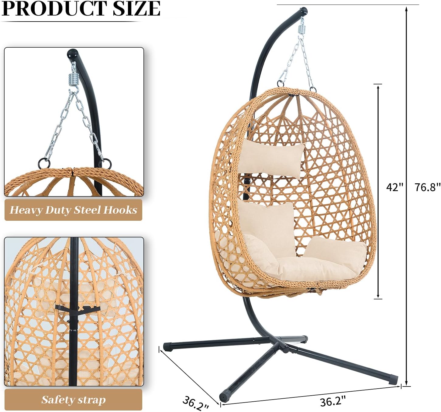 EortheX Hanging Egg Chair with Cushions – Comfortable Rattan Swing Chair with Stand for Patio, Garden, or Balcony – Stylish and Relaxing Outdoor Lounge Chair, 350LBS Capacity Indoor Outdoor (Yellow)