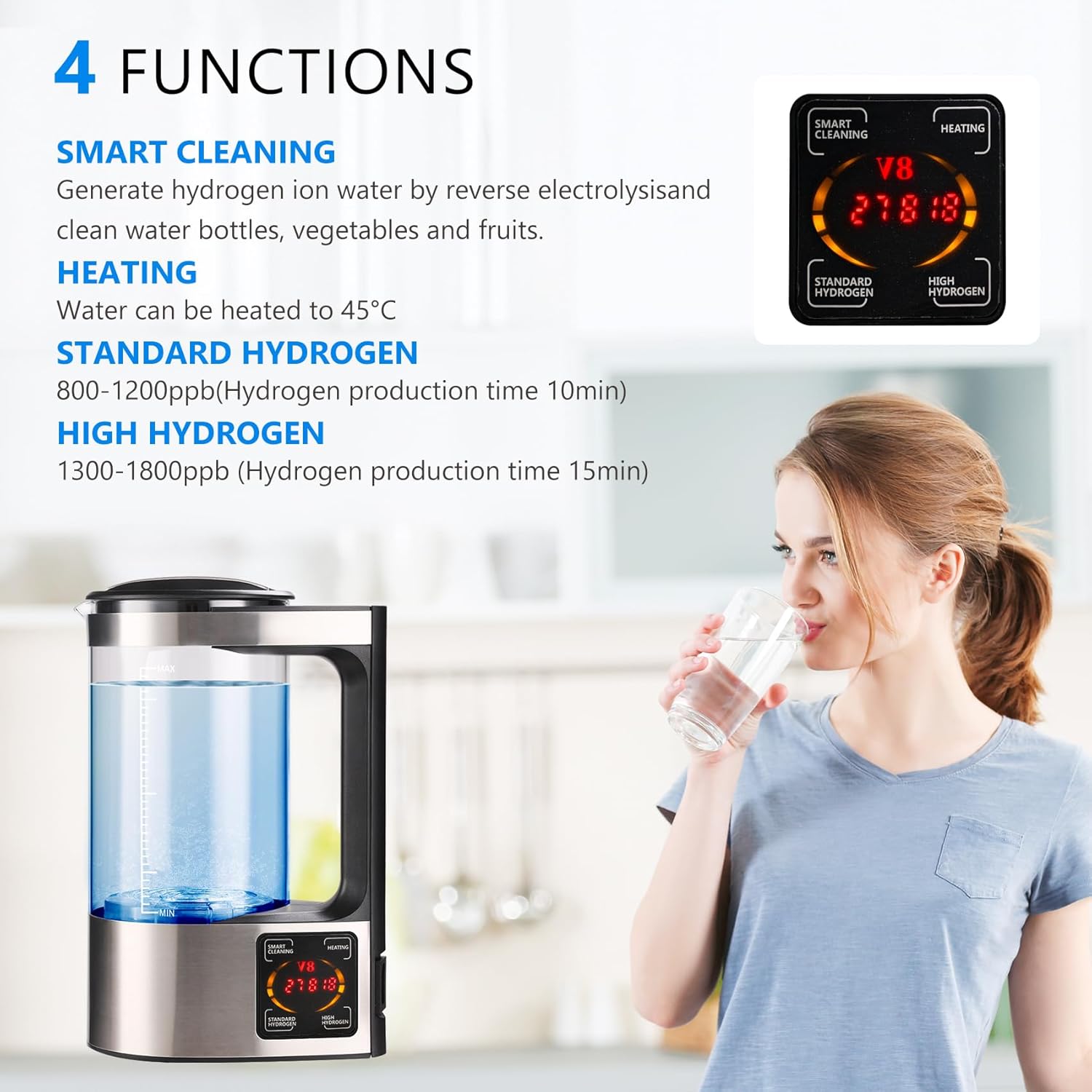 Hydrogen Water Machine Generator | 1800 PPB High Concentration, Portable Hydrogen Water Maker with SPE and PEM Technology for Home, Gym & Travel, Alkaline pH Balance Technology