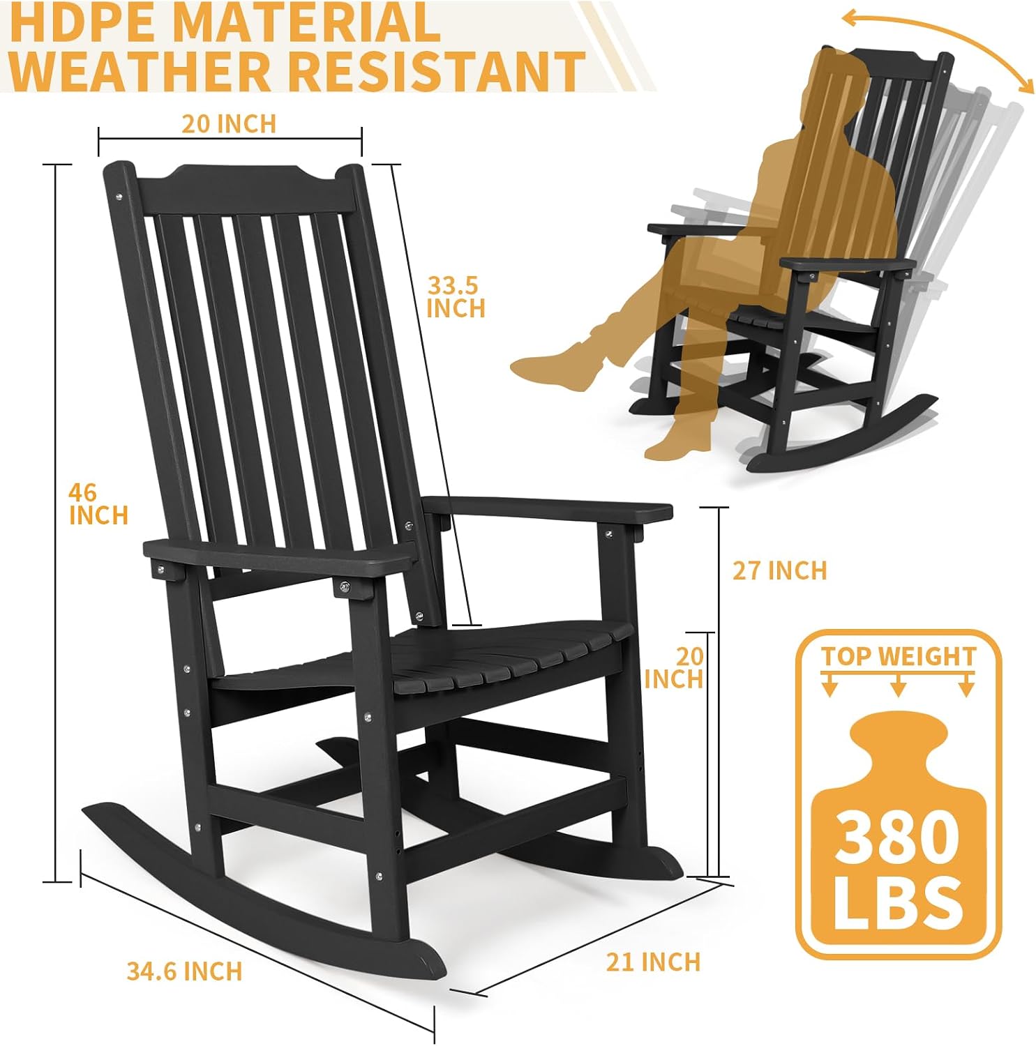 Outdoor Rocking Chair, Oversized All Weather High Back Porch Rocker, Patio Rockers for Outside