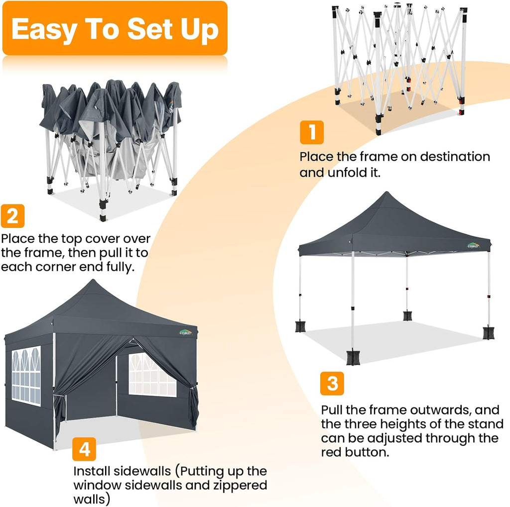 COBIZI 10x10 Pop Up Canopy with 4 Sidewalls, Pop up Tent 10x10 for Parties, Backyard, Commercial, Waterproof and Portable Instant Shelter UV50+ Ez Outdoor Canopy Gazebo with 4 Sandbags