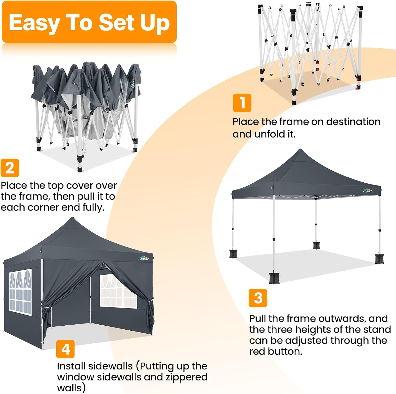 COBIZI 10x10 Pop Up Canopy with 4 Sidewalls, Pop up Tent 10x10 for Parties, Backyard, Commercial, Waterproof and Portable Instant Shelter UV50+ Ez Outdoor Canopy Gazebo with 4 Sandbags