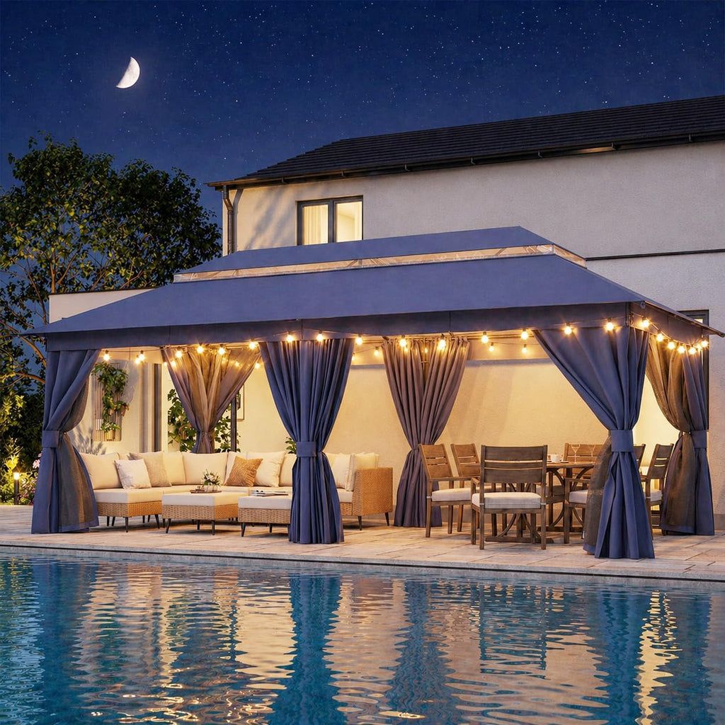 LAUSAINT HOME 10'x20' Outdoor Gazebo with 100FT String Lights, Metal Heavy Duty Patio Canopy Tent with Double Roofs, Mosquito Nettings and Privacy Screens for Backyard, Garden, Lawn, Navy Blue