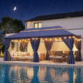 LAUSAINT HOME 10'x20' Outdoor Gazebo with 100FT String Lights, Metal Heavy Duty Patio Canopy Tent with Double Roofs, Mosquito Nettings and Privacy Screens for Backyard, Garden, Lawn, Navy Blue