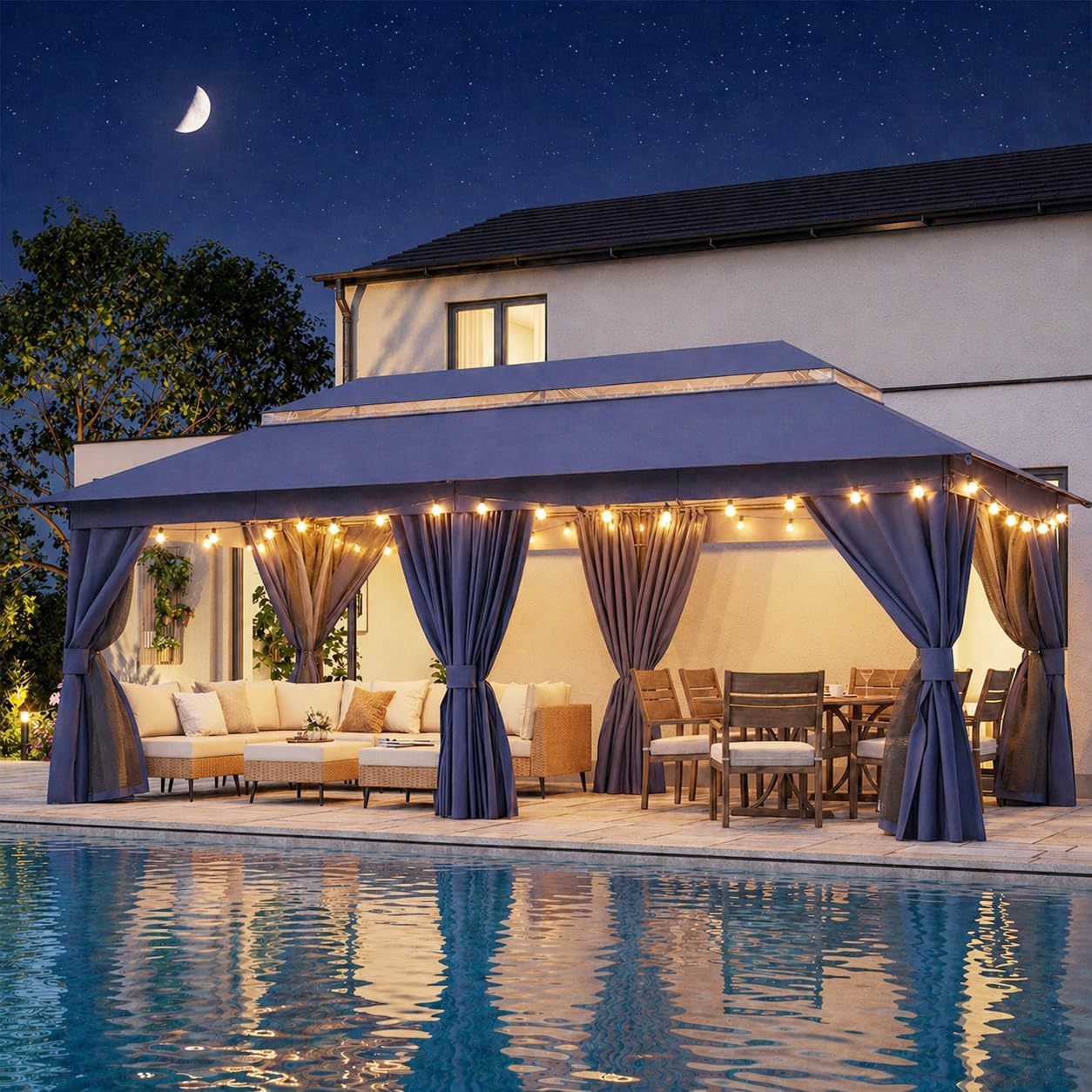 LAUSAINT HOME 10'x20' Outdoor Gazebo with 100FT String Lights, Metal Heavy Duty Patio Canopy Tent with Double Roofs, Mosquito Nettings and Privacy Screens for Backyard, Garden, Lawn, Navy Blue