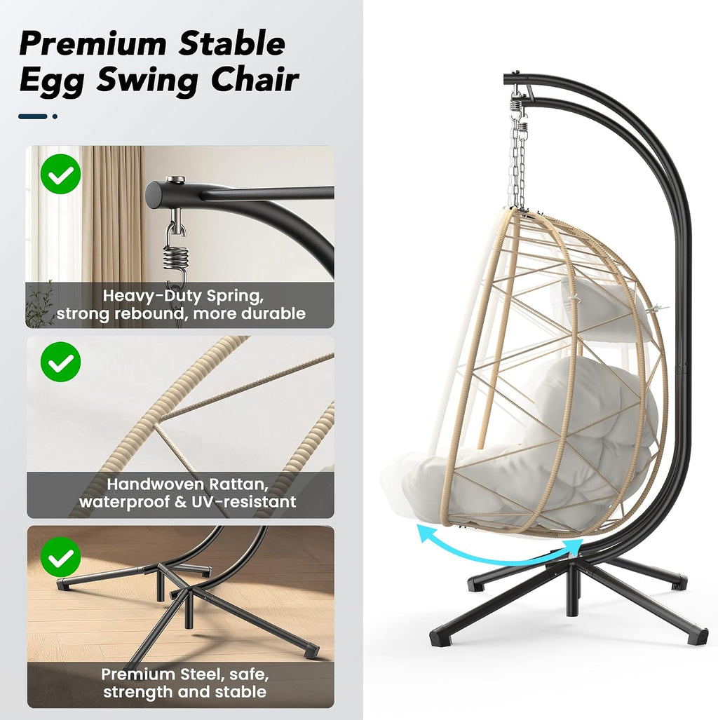 Easyego 2-Person Wicker Hanging Egg Chair with Stand- 700 lb Capacity, Indoor/Outdoor Double Egg Swing Hammock Chair for Patio, Garden, Porch, Living Room, Bedroom-Beige
