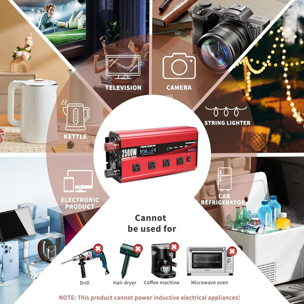 Cantonape 2500W Power Inverter 24V to 110V/120V DC to AC with LCD Display, Remote Controller 4 x AC Outlets and 4 x 3.1A USB Car Adapter for Car Truck Boat RV Solar System
