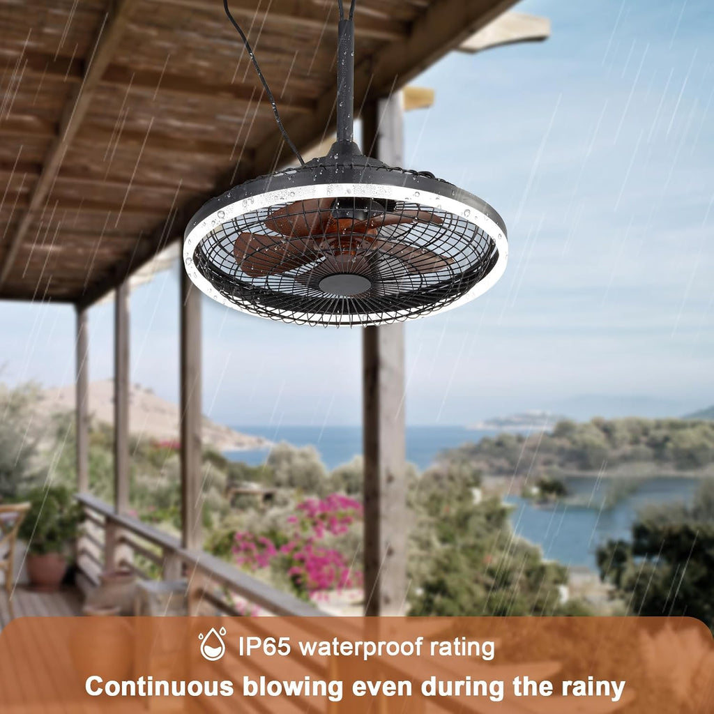 20' Waterproof Outdoor Ceiling Fan with Light Black Caged Gazebo Fans Outdoor Hanging for Patios Pergola Porch Gazebo, with Plug-in Cord, Dimmable LED Light, APP Remote Control, 6 Speeds