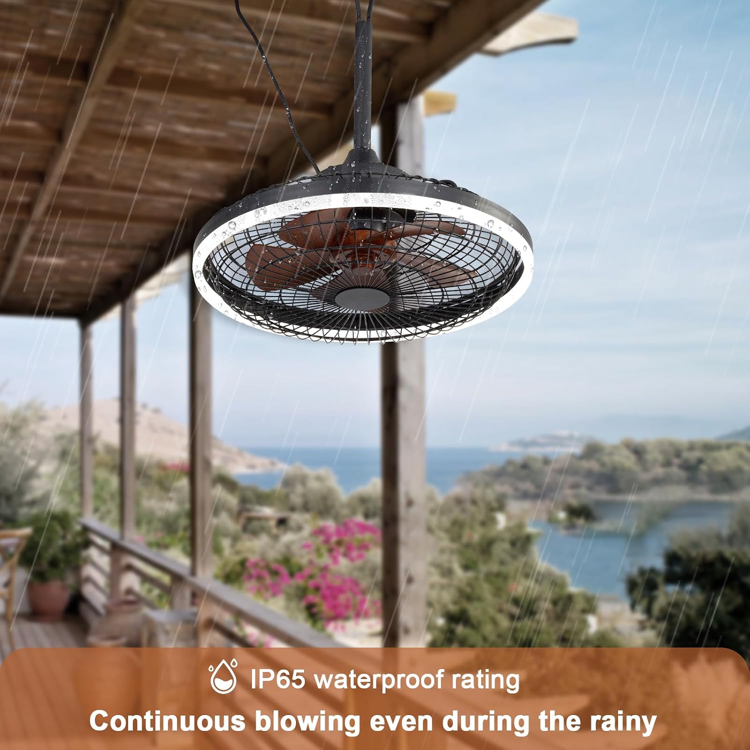 20' Waterproof Outdoor Ceiling Fan with Light Black Caged Gazebo Fans Outdoor Hanging for Patios Pergola Porch Gazebo, with Plug-in Cord, Dimmable LED Light, APP Remote Control, 6 Speeds