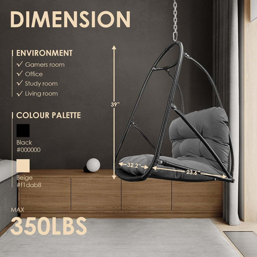 JESE Swing Egg Chair Without Stand Foldable Frame Hanging Chairs for Indoor Outside,with UV Resistant Waterproof Cushion&Cup Holder,Swing Hammock Chair for Patio,Bedroom,Balcony,Garden,Backyard,Black