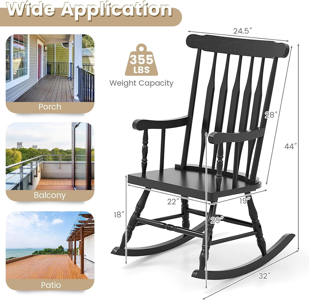 Giantex Outdoor Wood Rocking Chair - Patio Rocking Chair with Solid Rubber Wood Frame, Slat Back, Outside & Indoor Rocker for Garden, Poolside, Balcony, Backyard, Lawn, Front Porch Rocker, Black