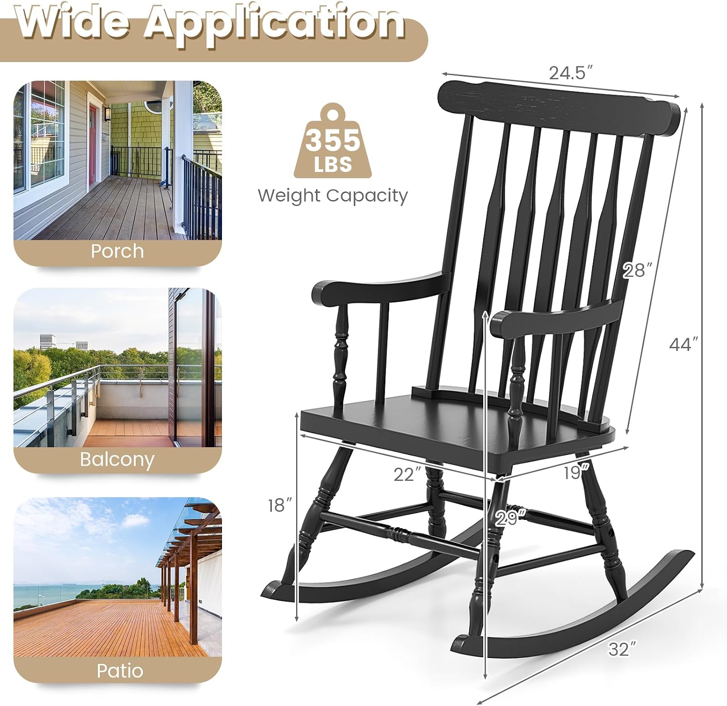 Giantex Outdoor Wood Rocking Chair - Patio Rocking Chair with Solid Rubber Wood Frame, Slat Back, Outside & Indoor Rocker for Garden, Poolside, Balcony, Backyard, Lawn, Front Porch Rocker, Black